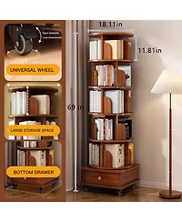 Rainsken 5 Tier Rotating Bookshelf, with Cabinet On Wheel, 360degree(s) Display Spinning Corner Book Shelf Tower, for Bedroom, Living Room, Study Room