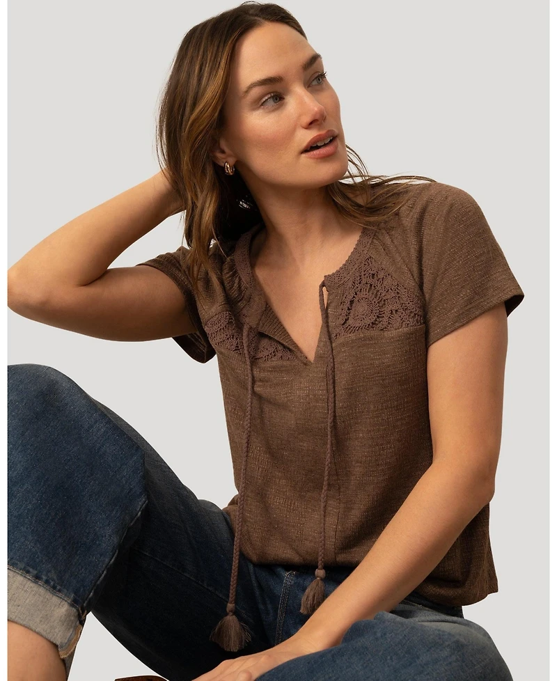 Cable & Gauge Women's and Crochet Trim Crinkle Peasant Top