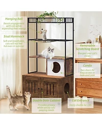 Gaomon Cat Litter Box Enclosure Furniture with Hidden Box, Cat House, Scratching Hammock, Feeding Station, Shelves, and Dog Proof Cabinet.