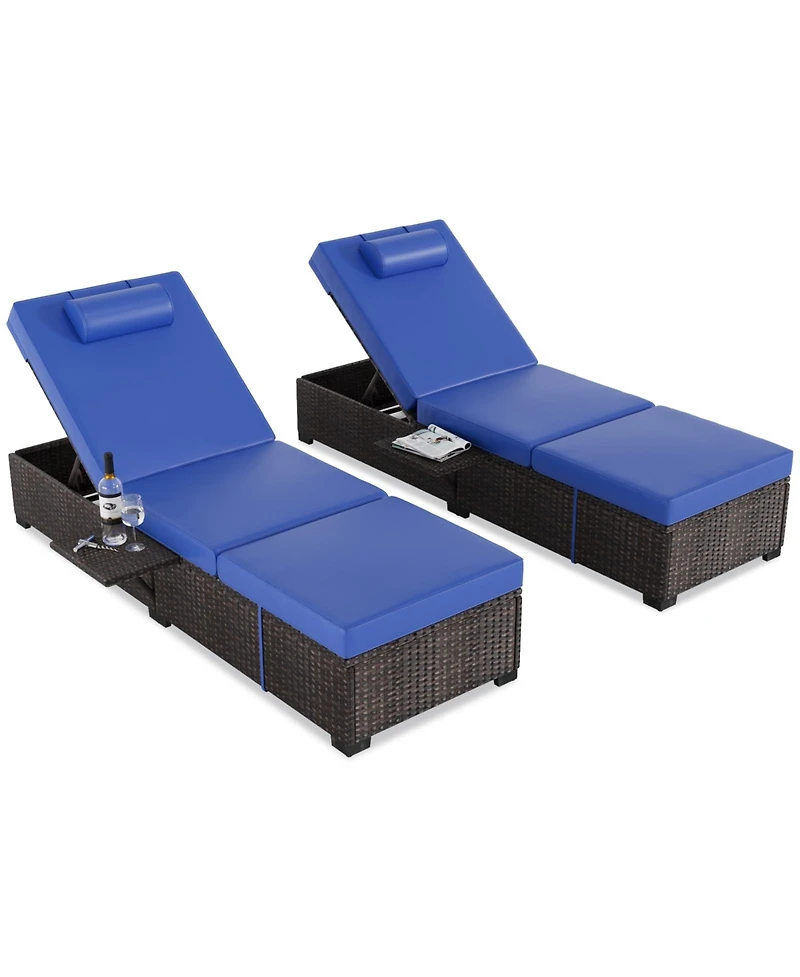 homfan Outdoor Pe Wicker Chaise Lounge Chairs Set of 2, Adjustable Reclining Brown with Cushions, Removable Table Top, Ideas for Patio, Poolside