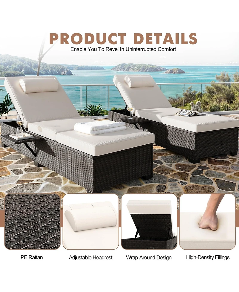 homfan Outdoor Pe Wicker Chaise Lounge Chairs Set of 2, Adjustable Reclining Brown with Cushions, Removable Table Top, Ideas for Patio, Poolside
