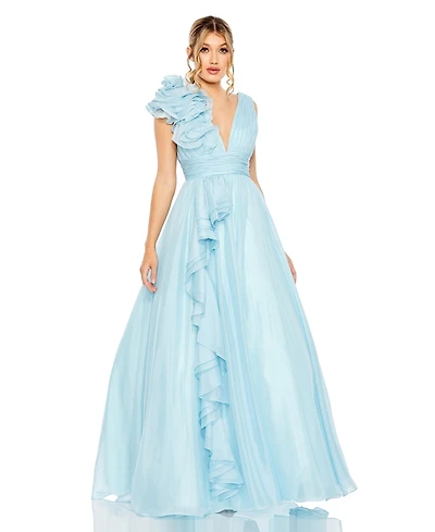 Women's One-Shoulder Ruffle Ball Gown with Plunging V-Neck