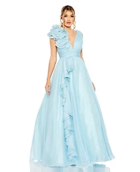 Women's One-Shoulder Ruffle Ball Gown with Plunging V-Neck