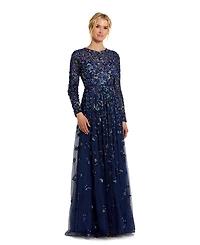 Women's Embellished High Neck Long Sleeve A Line Gown
