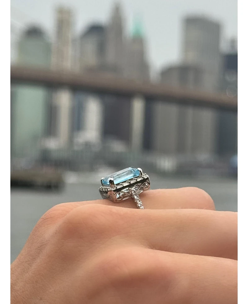 Suzy Levian New York Sterling Silver Emerald Cut Topaz Halo Ring