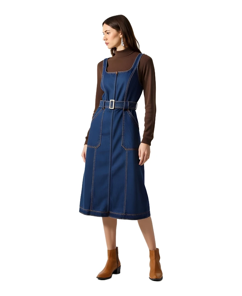 Modenaire Women's Square-Neck Zip-Front Denim Midi Dress with Belt