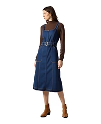 Modenaire Women's Square-Neck Zip-Front Denim Midi Dress with Belt