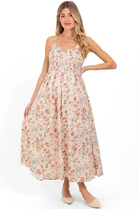 Pinkblush Women's Cream Floral Smocked Ruffle Detail Maternity Midi Dress