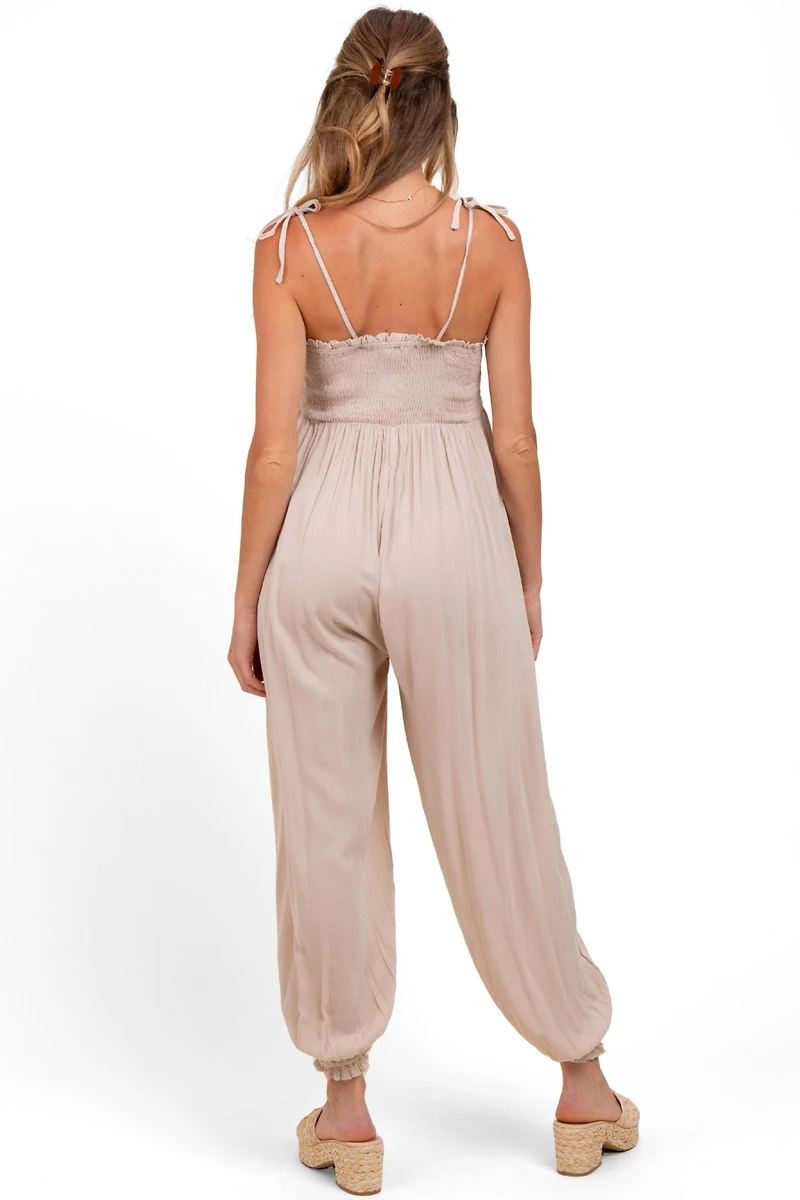 Pinkblush Maternity Beige Smocked Button Front Shoulder Tie Jumpsuit