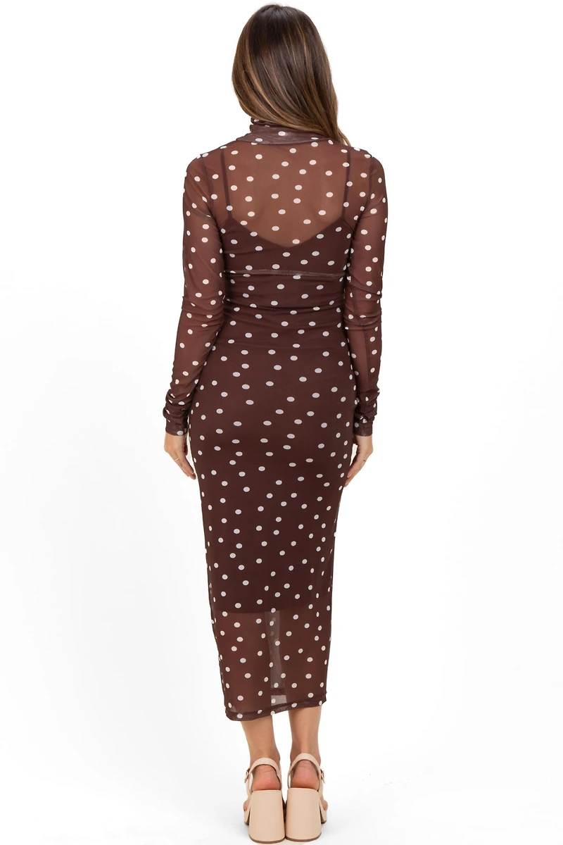 Pinkblush Maternity Mocha Polka Dot Mesh Overlay Midi Dress