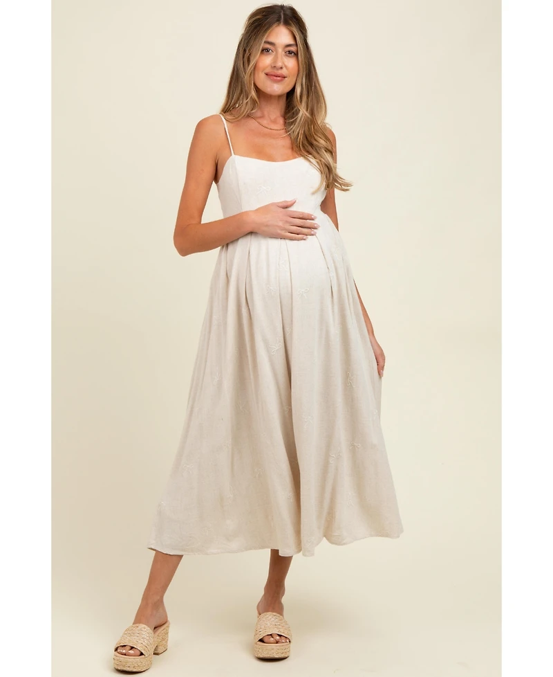Pinkblush Maternity Beige Linen Ribbon Pattern Embroidered Midi Dress