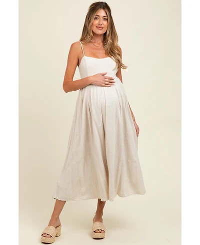 Pinkblush Maternity Beige Linen Ribbon Pattern Embroidered Midi Dress