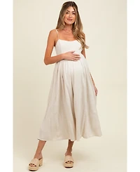 Pinkblush Maternity Beige Linen Ribbon Pattern Embroidered Midi Dress