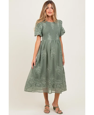 Pinkblush Maternity Light Olive Floral Lace Smocked Midi Dress