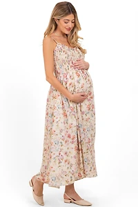 Pinkblush Women's Cream Floral Smocked Ruffle Detail Maternity Midi Dress