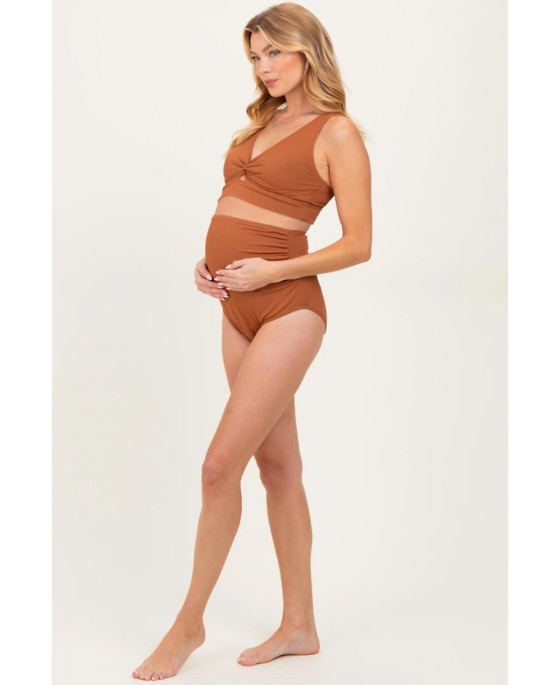 Pinkblush Maternity Rust Ribbed Twist Front Cutout Two Piece Swimsuit
