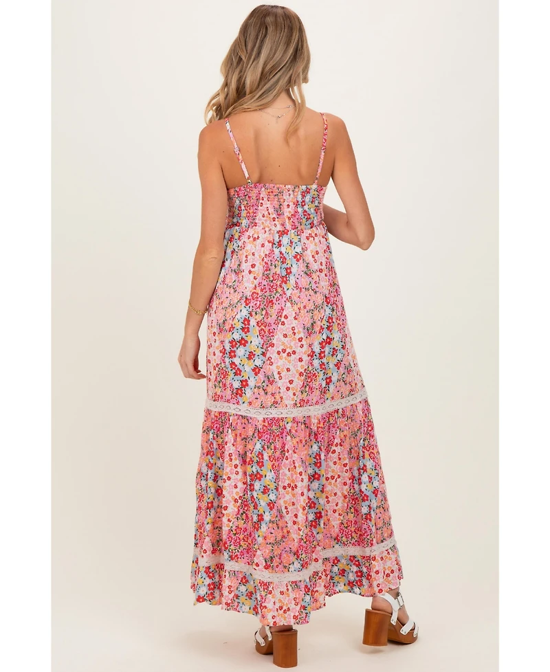 Pinkblush Maternity Pink Smocked Bust V Neck Lace Trim Maxi Dress
