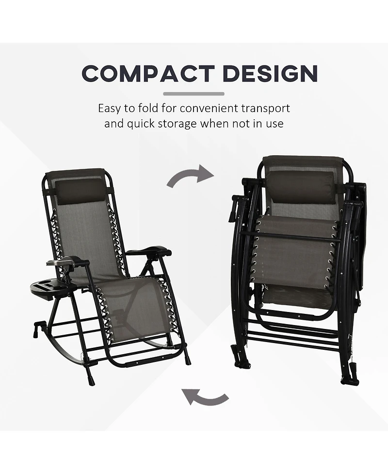 Outsunny Zero Gravity Reclining Rocking Chair, Lounge Rocker, Folding, Pillow, Side Tray, Cup and Phone Holder