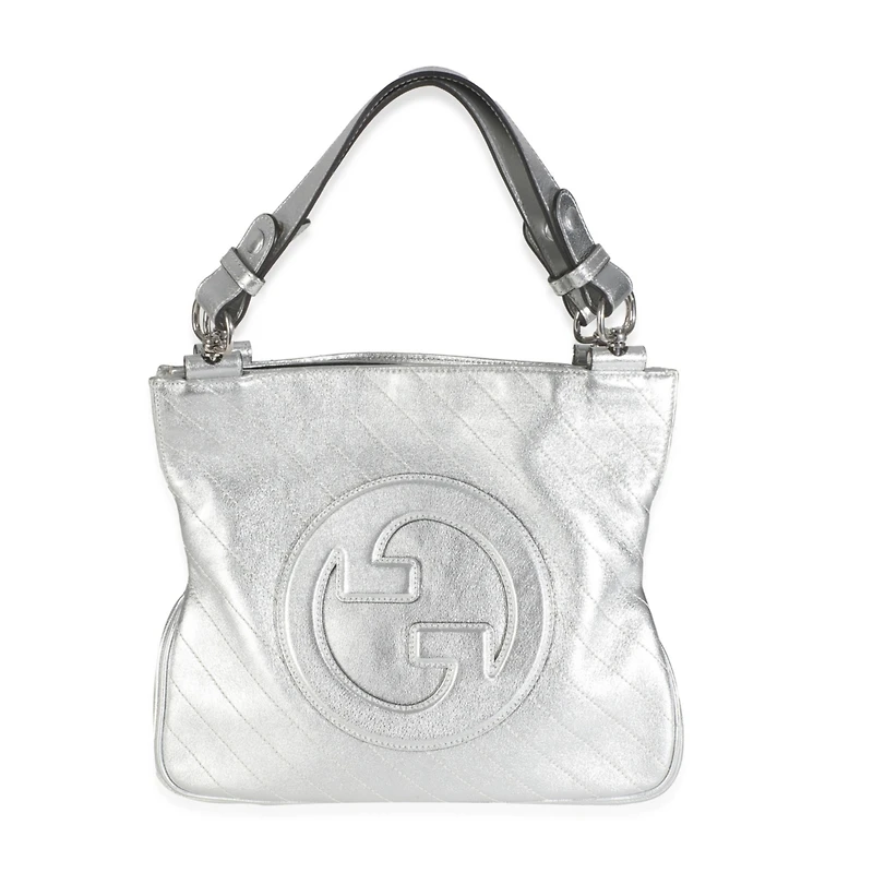 Pre-Owned Gucci Silver Metallic Sakai Diagonal Stitched Calfskin Small Blondie Tote