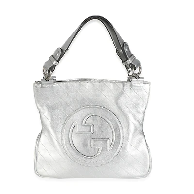 Pre-Owned Gucci Silver Metallic Sakai Diagonal Stitched Calfskin Small Blondie Tote