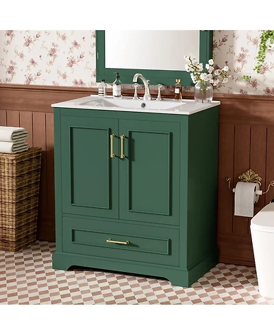 Sillysis 30 Inch Bathroom Vanity with Ceramic Sink, Solid Wood Frame, Soft Close Doors, Drawer and Double Door Shelves