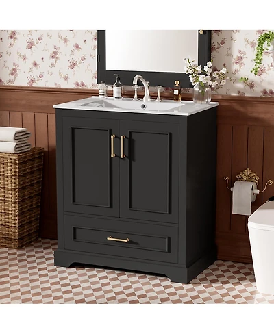 Sillysis 30 Inch Bathroom Vanity with Ceramic Sink, Solid Wood Frame, Soft Close Doors, Drawer and Double Door Shelves