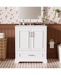 Sillysis 30 Inch Bathroom Vanity with Ceramic Sink, Solid Wood Frame, Soft Close Doors, Drawer and Double Door Shelves