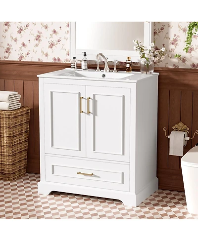 Sillysis 30 Inch Bathroom Vanity with Ceramic Sink, Solid Wood Frame, Soft Close Doors, Drawer and Double Door Shelves