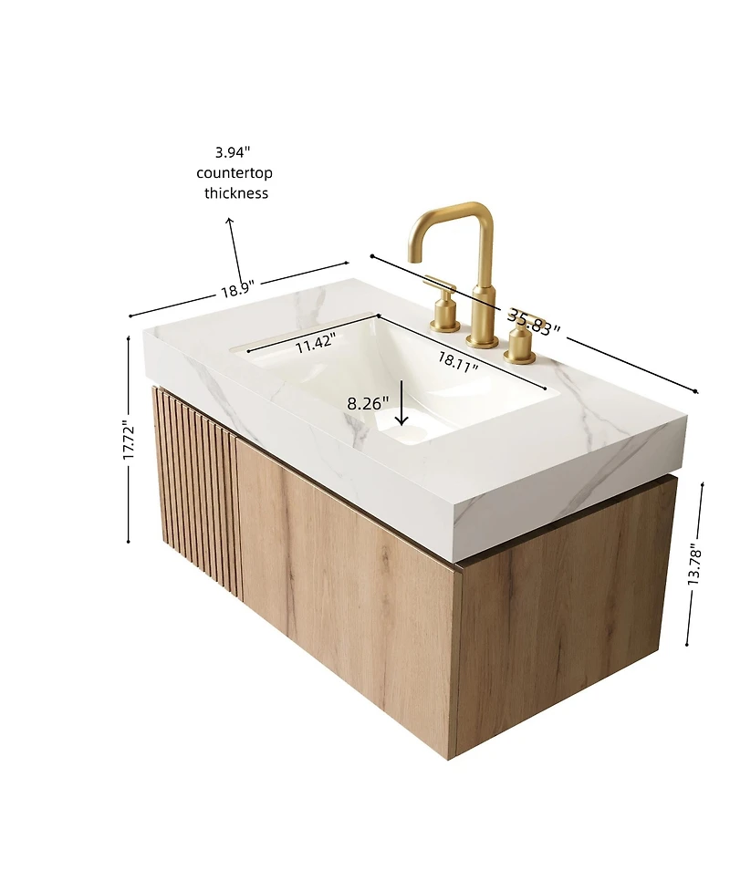Busdays 36" floating bathroom vanity with sink, plywood cabinet, drawer and door, Carrara white sintered stone top, ceramic basin, pre assembled