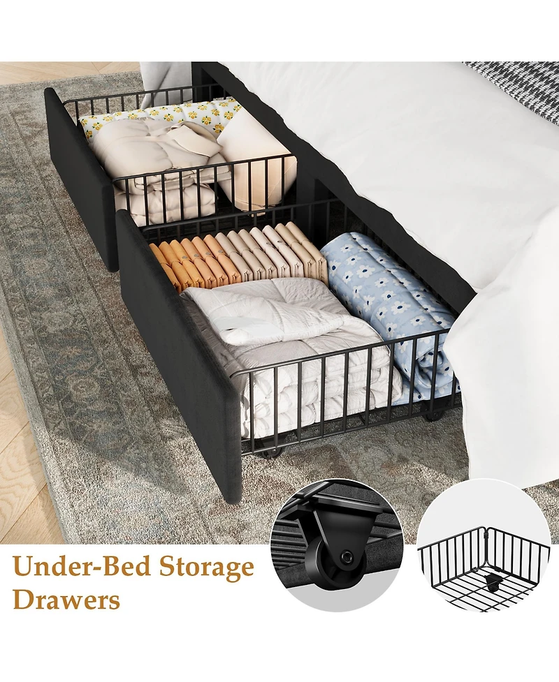 gaomon Velvet Wingback Platform Bed with 2 Storage Drawers Upholstered Bed Frame, Wooden Slats, No Box Spring Needed