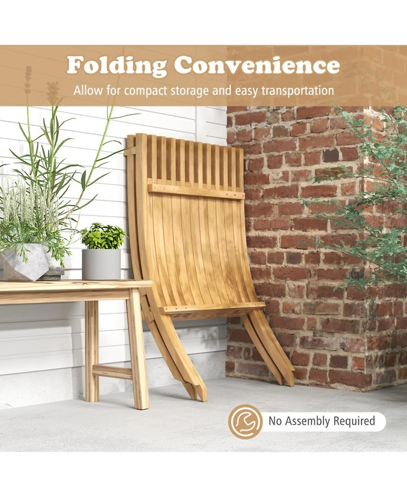 Gouun Folding Teak Wood Outdoor Lounge Chair with Slatted Seat and Backrest, 14 in Seat Height