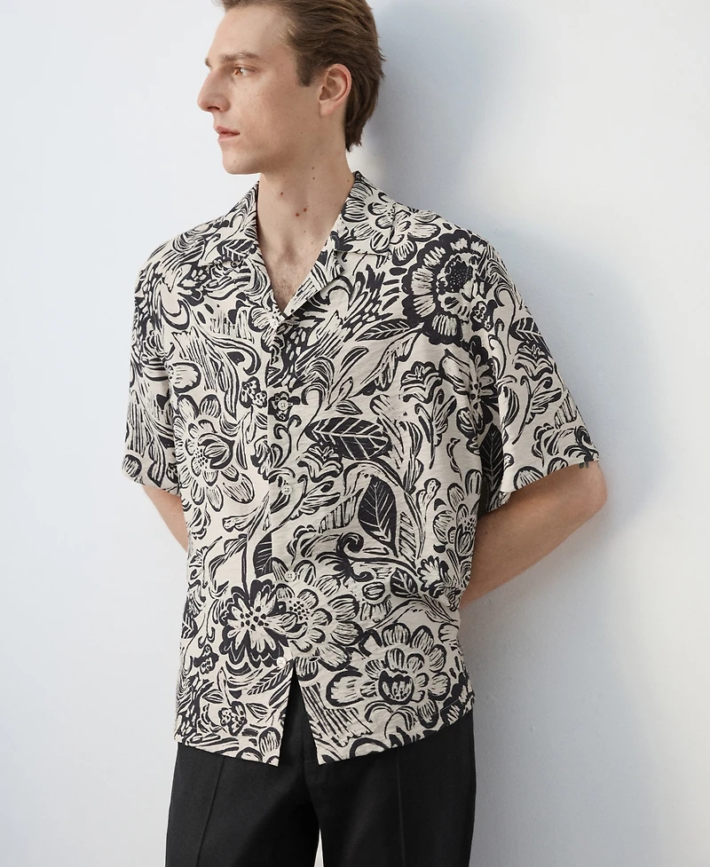 Mango Men's Bowling Collar Printed Flowing Shirt