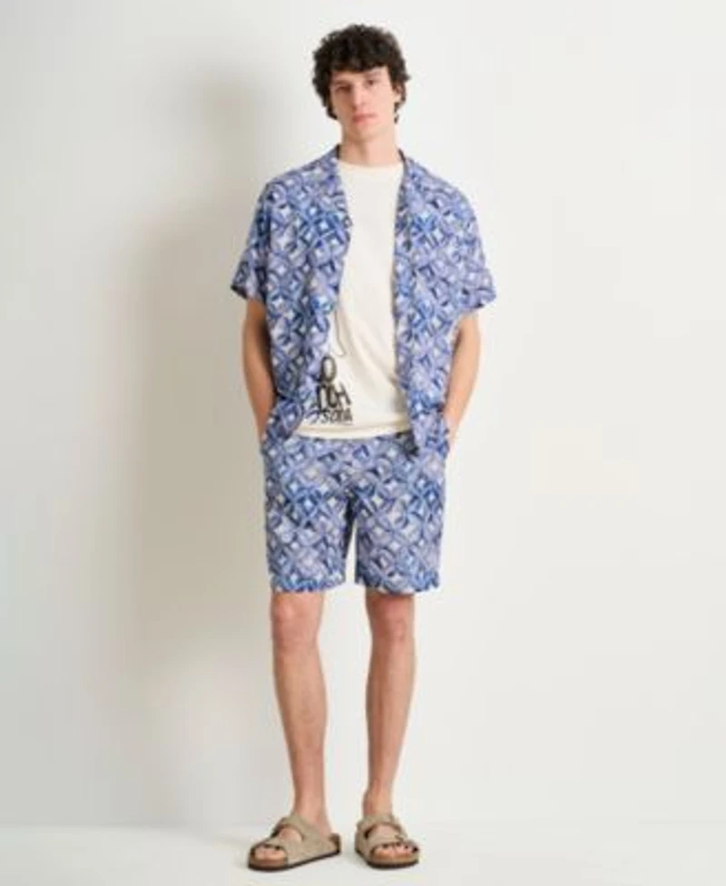 Scotch Soda Mens Tiles Flower Blue Matching Set Paired With Short Sleeve Dove Face Graphic T Shirt