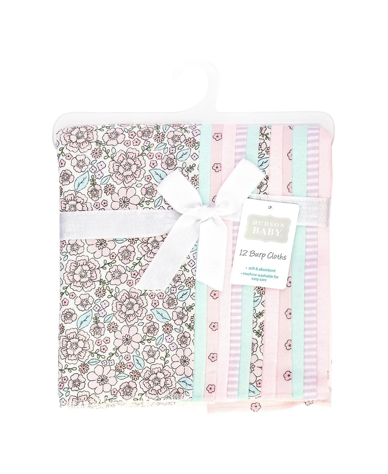 Hudson Baby Girl Cotton Poly Flannel Burp Cloths Bundle 12-Pack, Outline Floral Soft , One Size