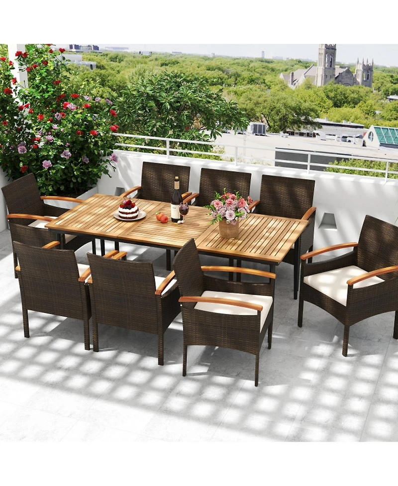 Sugift 9-Piece Pe Wicker Dining Set with Cushions and Umbrella Hole