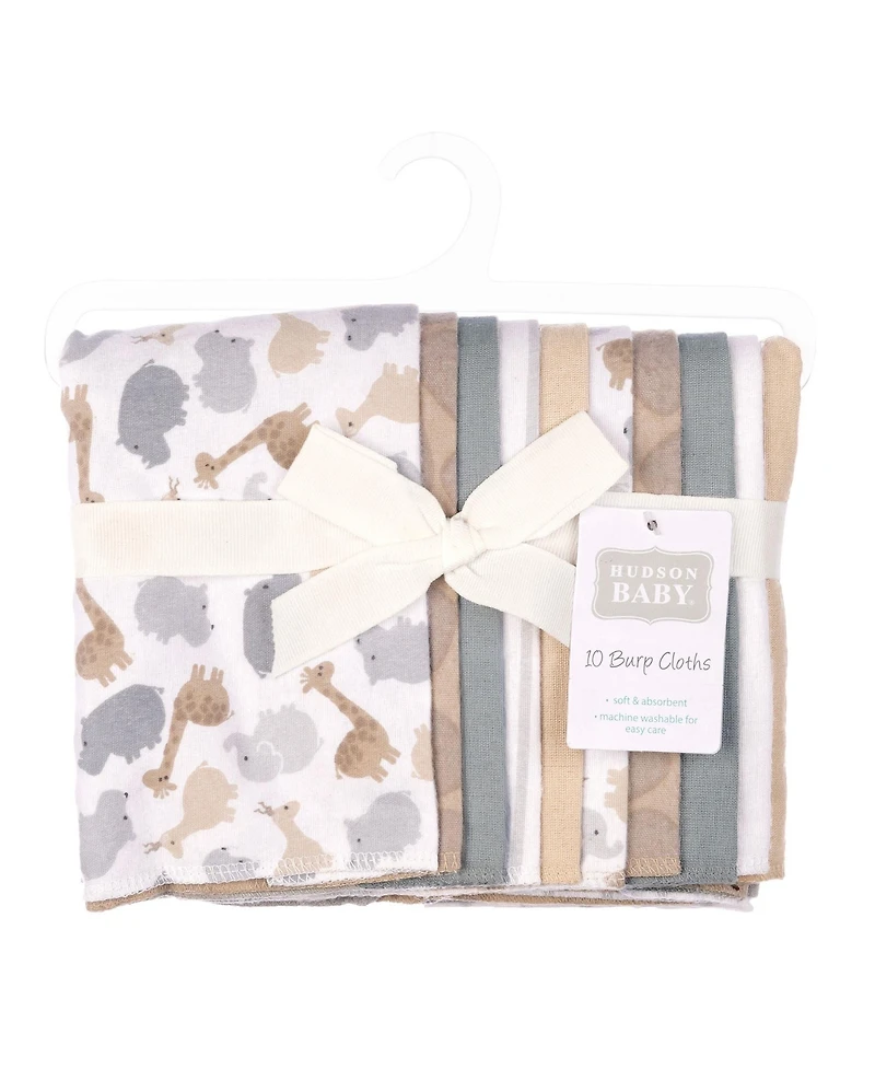 Hudson Baby Infant Cotton Poly Flannel Burp Cloths 10-Pack, Safari Friends 10-Pack, One Size