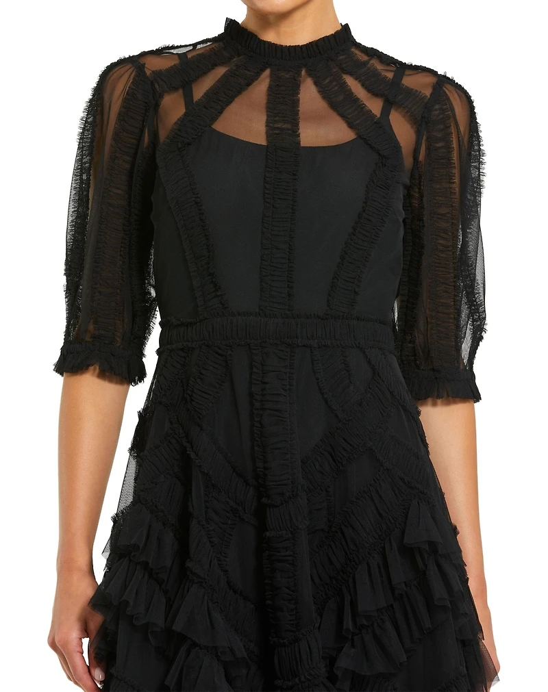 Mac Duggal Petite Illusion High Neck Tiered Ruffle A-Line Midi Dress