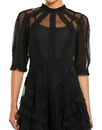 Mac Duggal Petite Illusion High Neck Tiered Ruffle A-Line Midi Dress