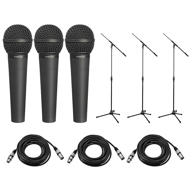 Behringer Ultravoice XM8500 Dynamic Cardioid Vocal Microphone, Bundle with 25' Xlr Cable and Tripod Stand, 3-Pack