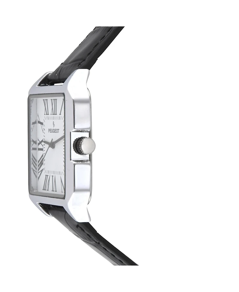 Peugeot Men's White Dial Square Vintage Dress Watch with Roman Numeral Dial and Black Leather Strap