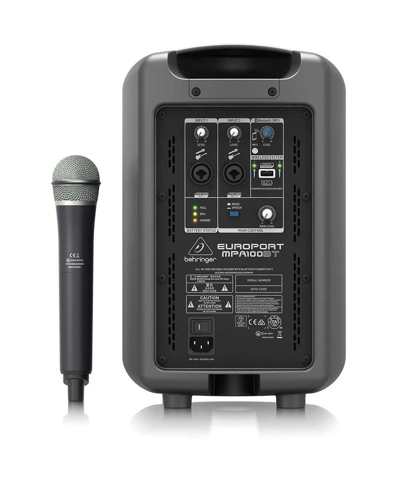 Behringer Europort MPA100BT 2-Way All-in-One Portable 100W Bluetooth Speaker with Wireless Microphone System
