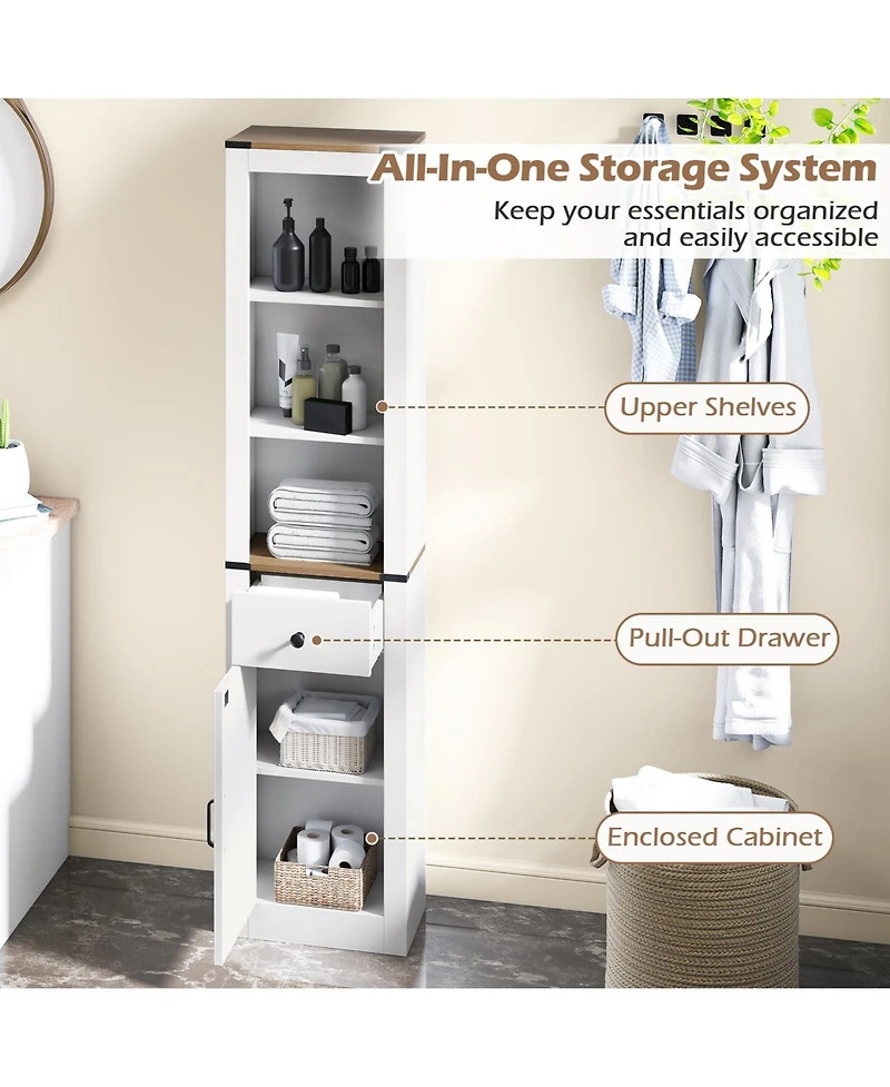 Gymax 68'' Tall Bathroom Cabinet w/ Barn Door Drawer and Adjustable Shelf for Laundry