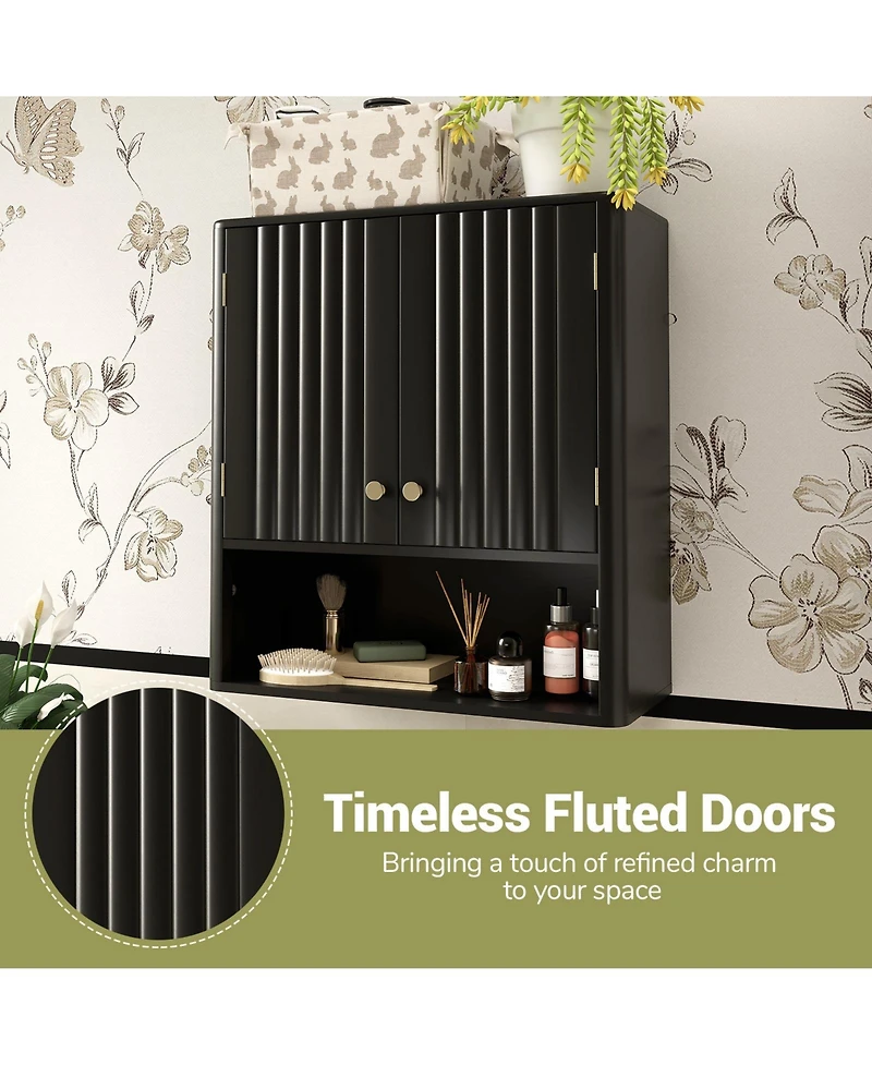 Gymax Bathroom Wall Cabinet w/Fluted Doors Adjustable Shelf Open Storage Cube Beige