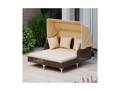 Boyel Living Outdoor Daybed with Retractable Canopy Pe Wicker Rattan Patio Lounger