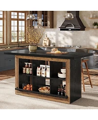 Tribesigns Kitchen Island with Storage, Farmhouse Table 6-Cubby Open Shelves and Metal Foot Rail