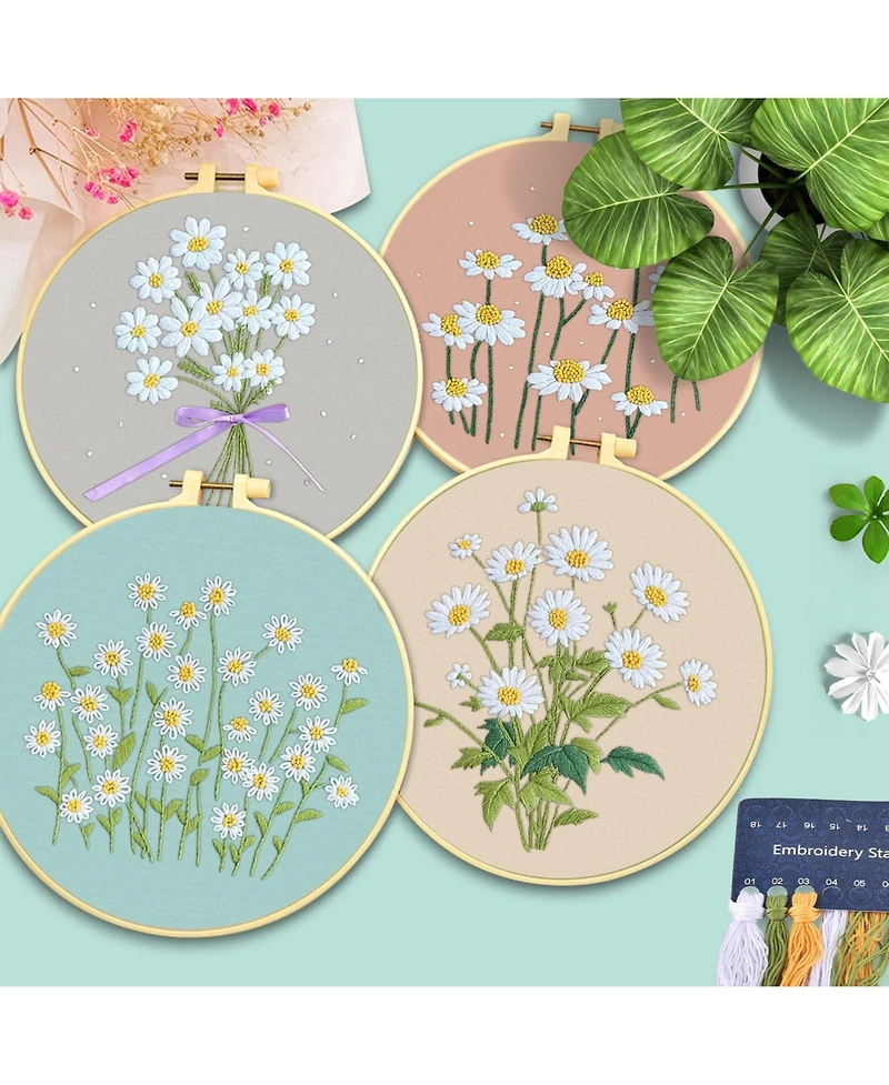 Gnuadz 4 Set Embroidery Kit Beginners Daisy Cross Stitch Hoop Thread