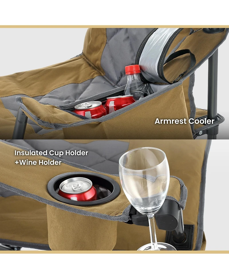 Arrowhead Outdoor Folding Camp Chair w/ Headrest, Cup and Wine Glass Holder, Armrest 6-can Cooler, Carry Bag, 550 lbs Capacity