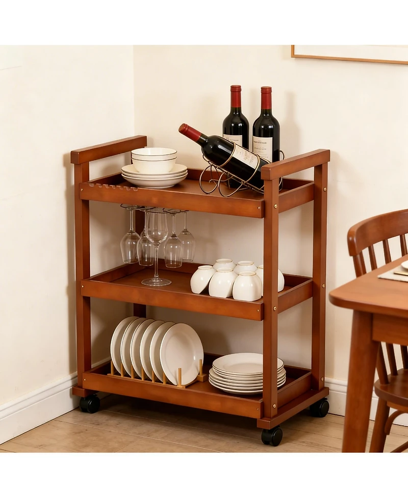 Yigii Solid Beechwood Art Cart with 3-Tier Shelves and Swivel Wheels
