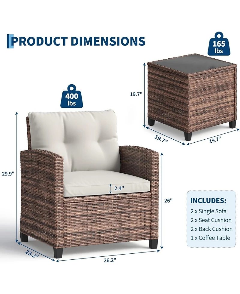 GarveeLife 3-Piece Outdoor Wicker Conversation Set with Cushions and Tempered Glass Table for Patio, Balcony, Porch or Garden