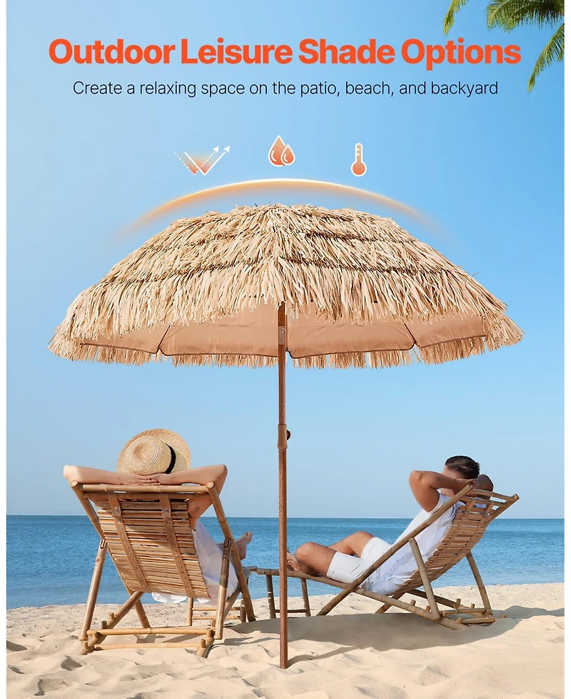 Mecale 6.5 ft Tiki Patio Umbrella with Tilt, Thatched Beach Parasol with Pp Thatch and 8 Metal Ribs, for Patio Poolside Backyard